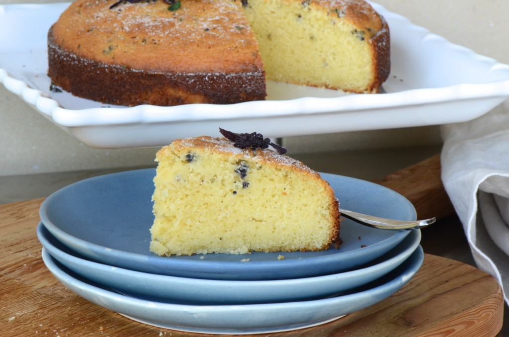 Olive oil cake with purple basil flowers