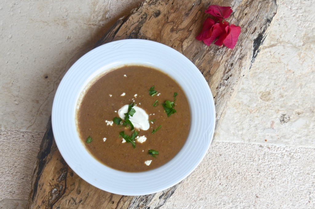 Black bean soup with cotija and crema