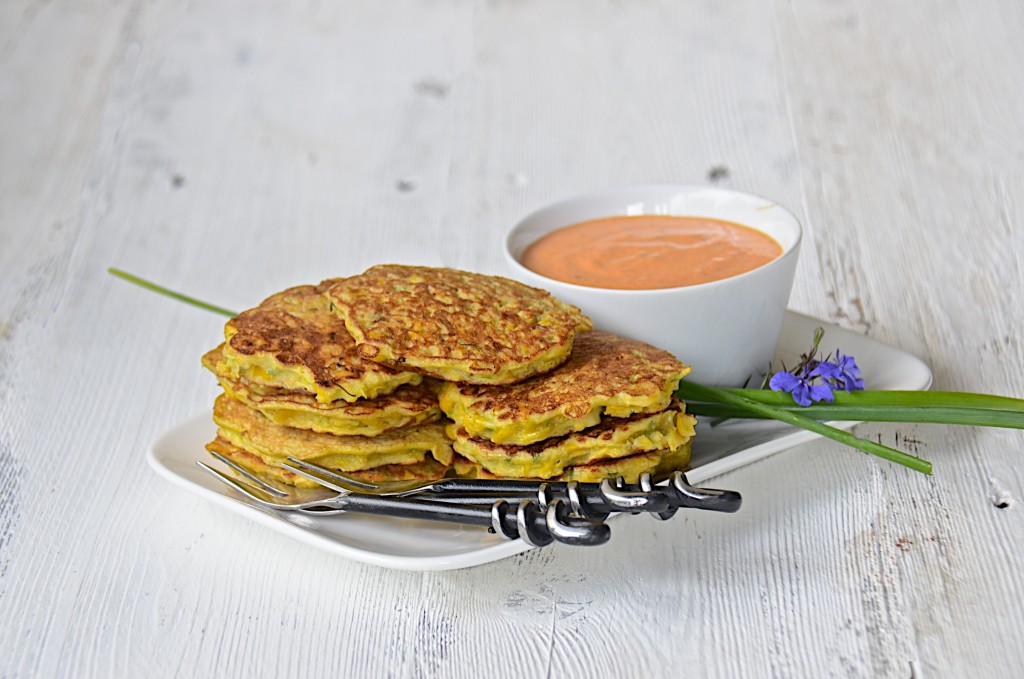 Corn fritters with red pepper mayo
