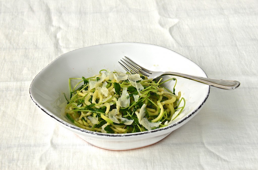 Zucchini "pasta" with pea shoots