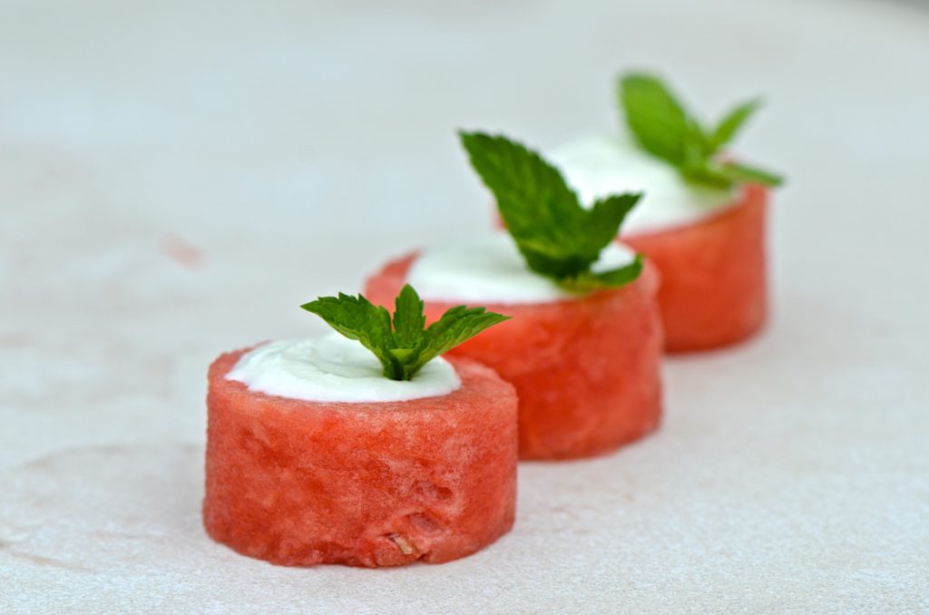 Watermelon bites with feta mousse