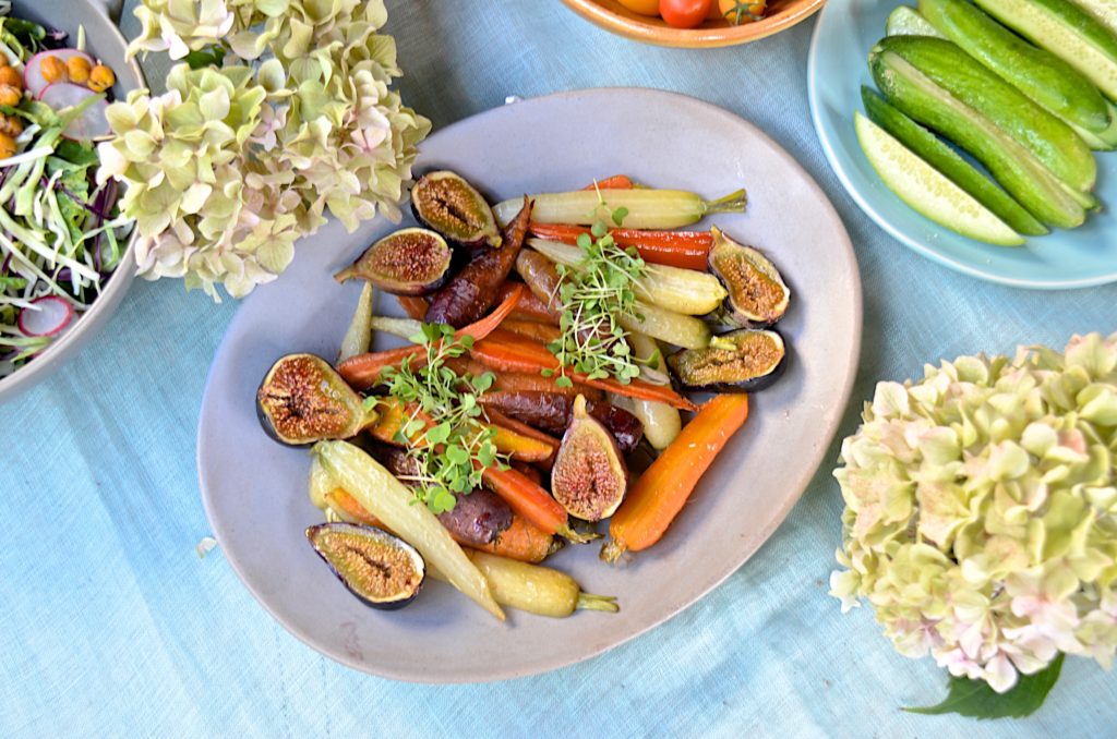 Roasted new carrots and mission figs with thyme honey drizzle