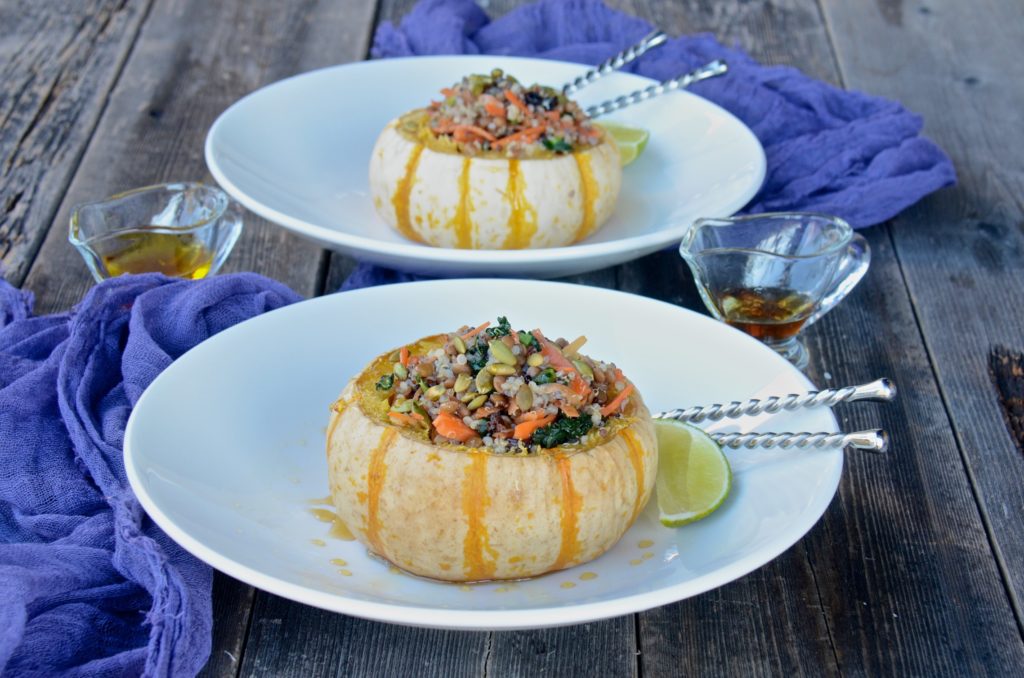 Winter squash stuffed with lentils and quinoa