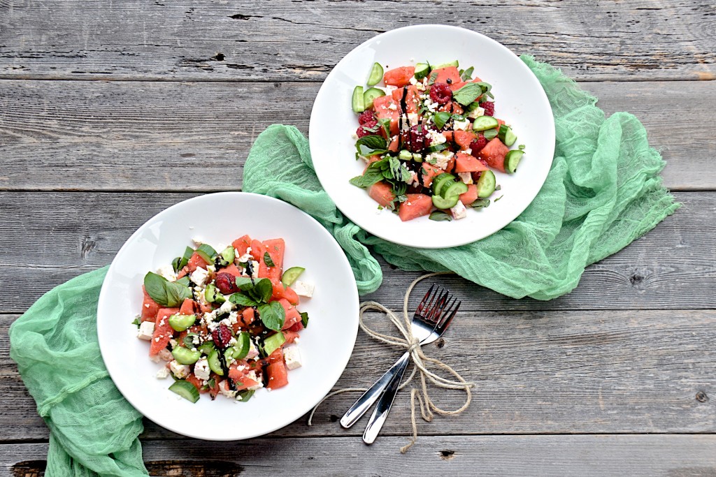 Watermelon and cucumber salad with balsamic glaze