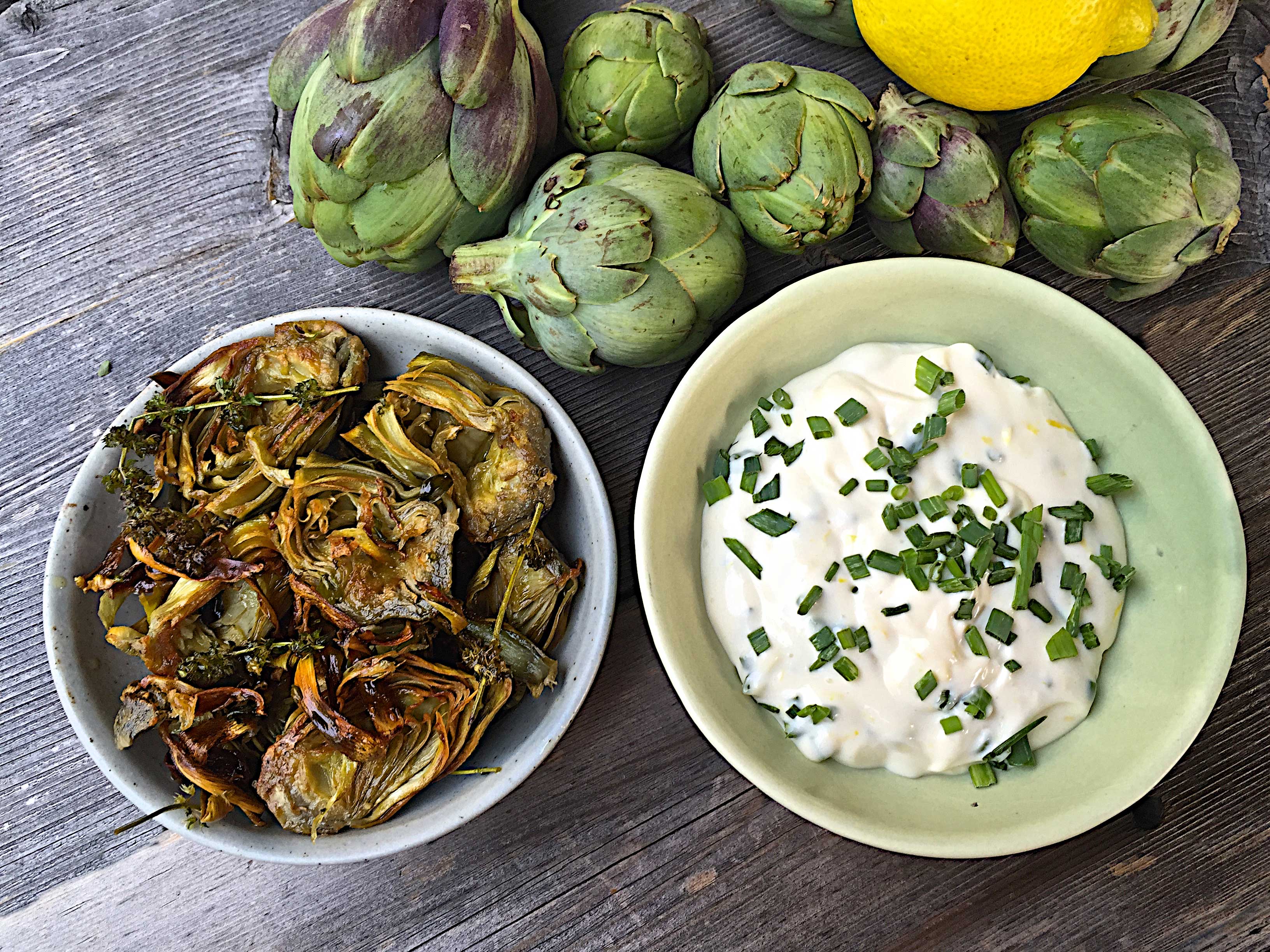 Steam fried baby artichokes with lemon-chive aioli | Olive ...