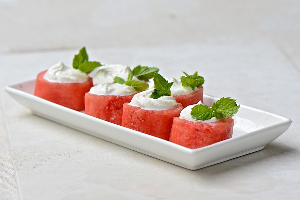 Watermelon bites with feta cheese mousse