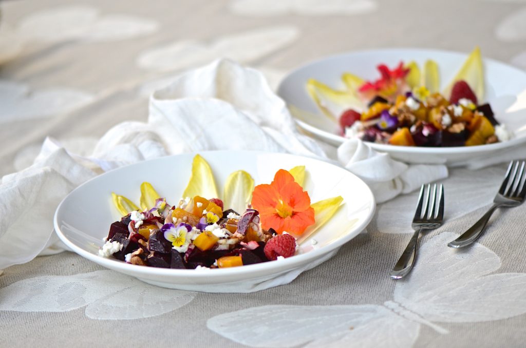 Red and golden beet salad with walnut-balsamic vinaigrette